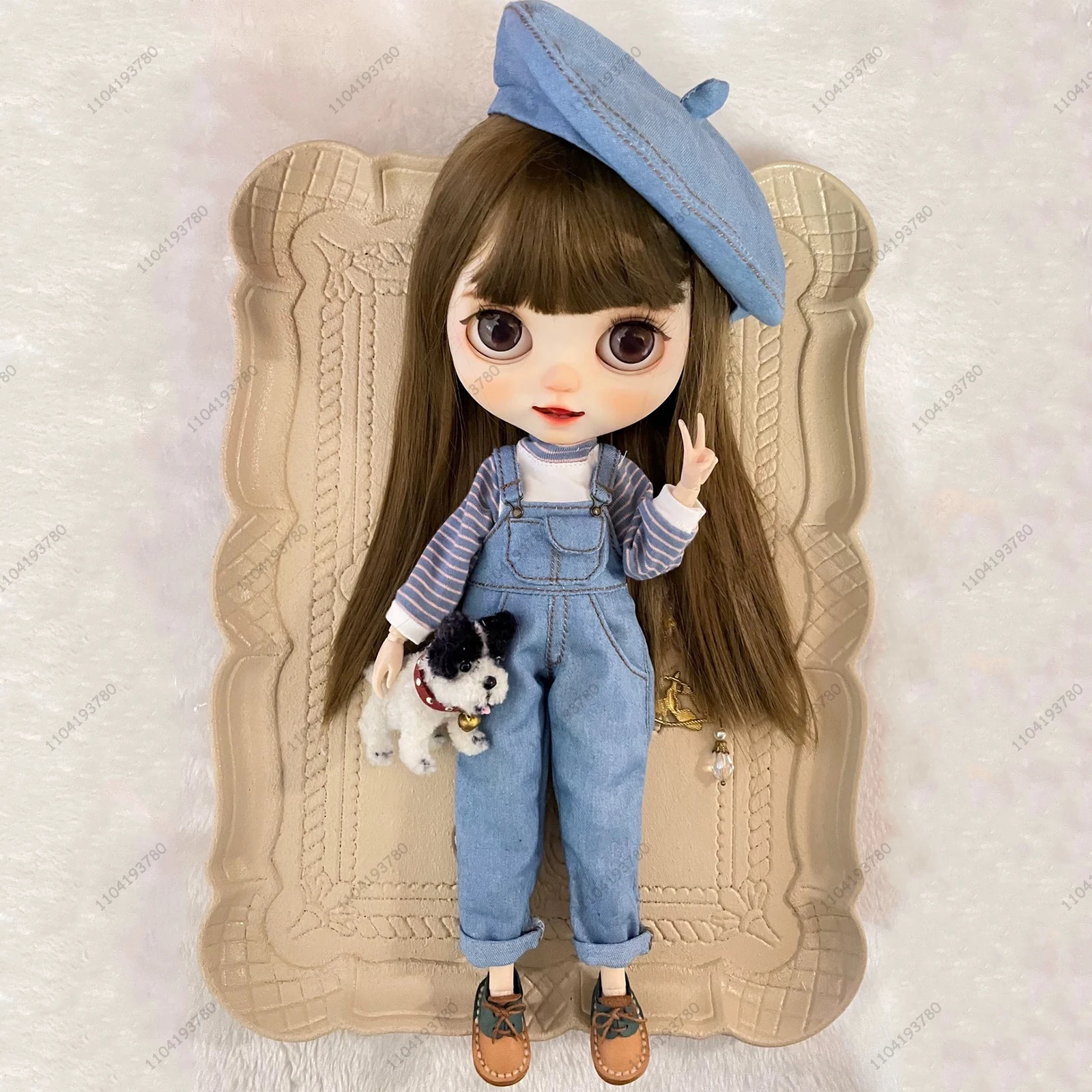 

For Blythe Doll 30CM Body 1/6 Ob24 Azone Doll Clothes Vintage Leisure Denim Overall Baret Leather Shoes Suit Girl Gift Doll