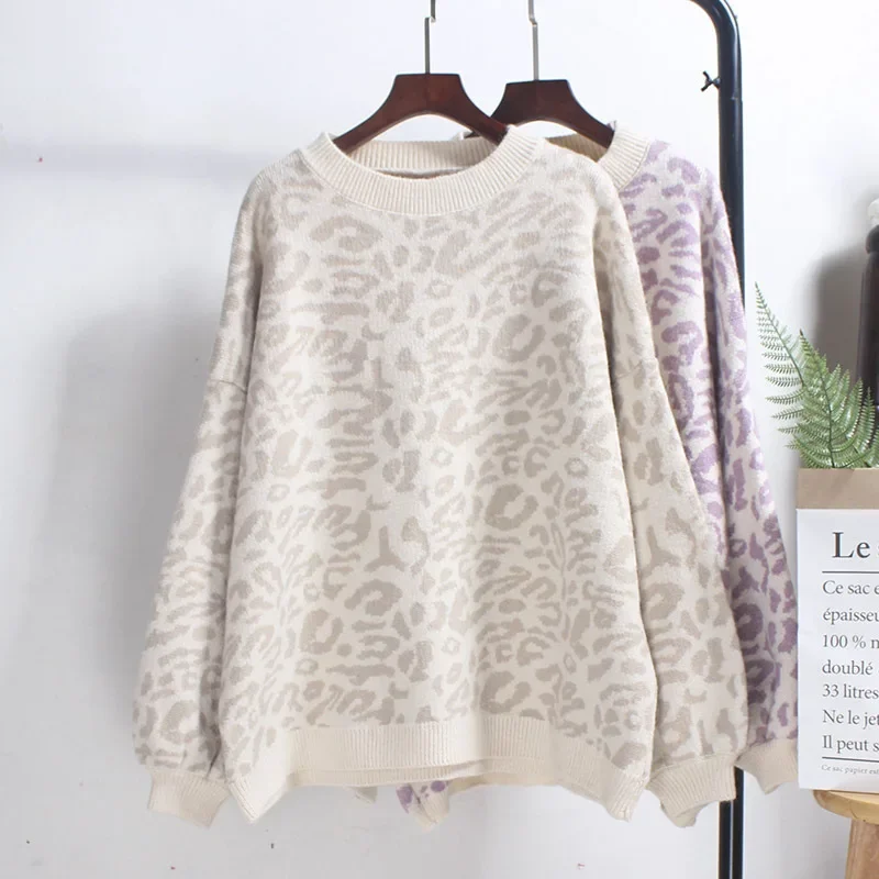 

Woman Crew Neck Long Sleeve Pullovers Ladies Casual Leopard Pattern Sweater Women Autumn Winter Loose Mix Color Soft Jumpers