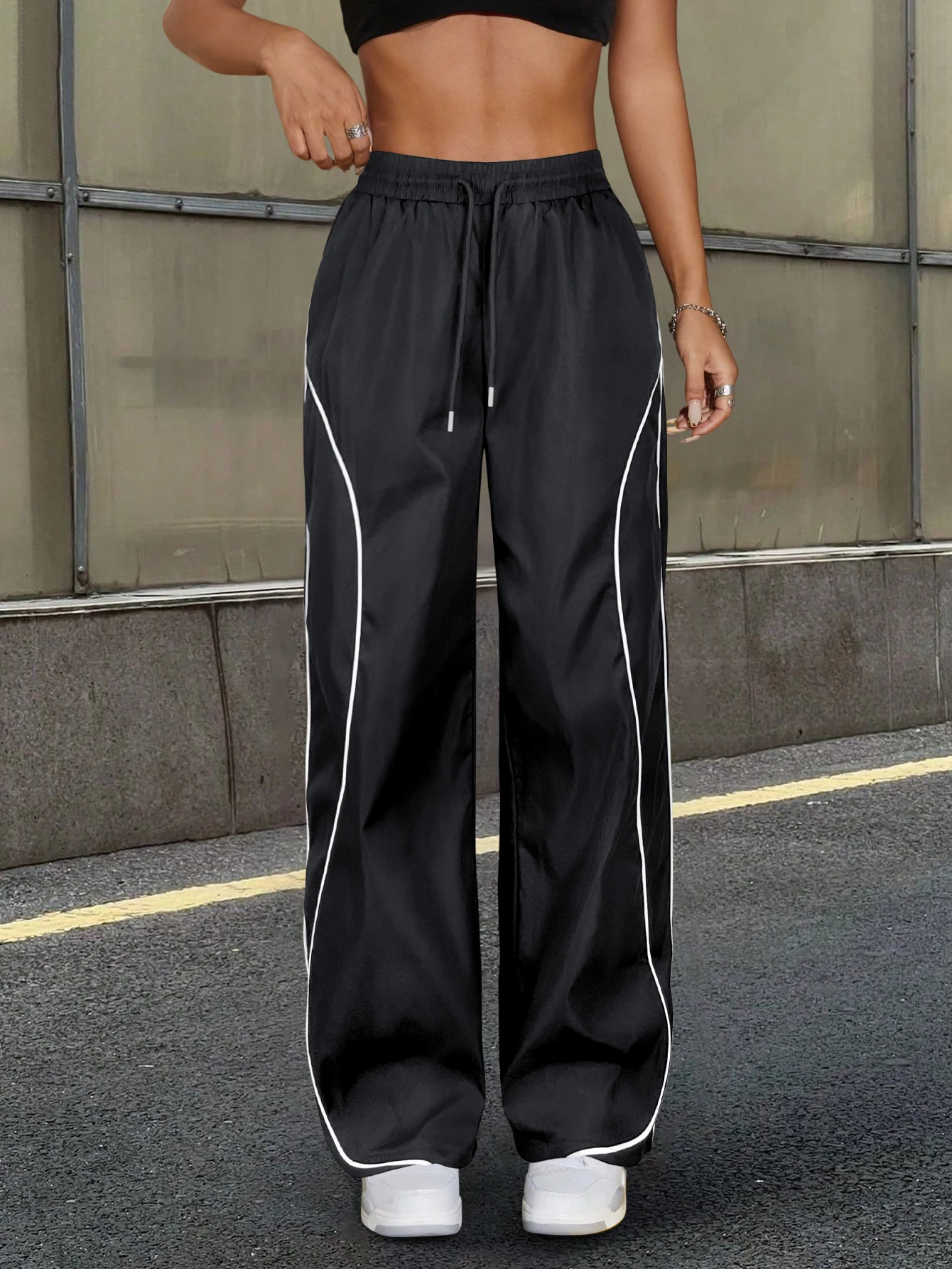 Y2K Casual Gestreepte Contrasterende Elastische Taille Werkkleding Parachutebroek Dames Mid-Rise Trekkoord Wijde Pijpen Loose Fit Cargo Broek