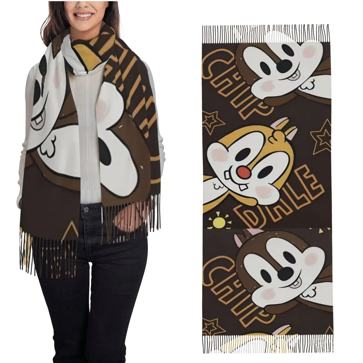 

Женские аксессуары для бурундука с героями мультфильмов «Чип и Дейл», кашемировый шарф, большие шали и накидки из пашмины, шарфы для повседневного ношения