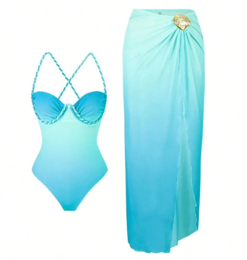 sexy blue gradient braid swimsuit bikinis sets two pieces with mesh long skirt swimsuits bathing suit beach outfits biquini
