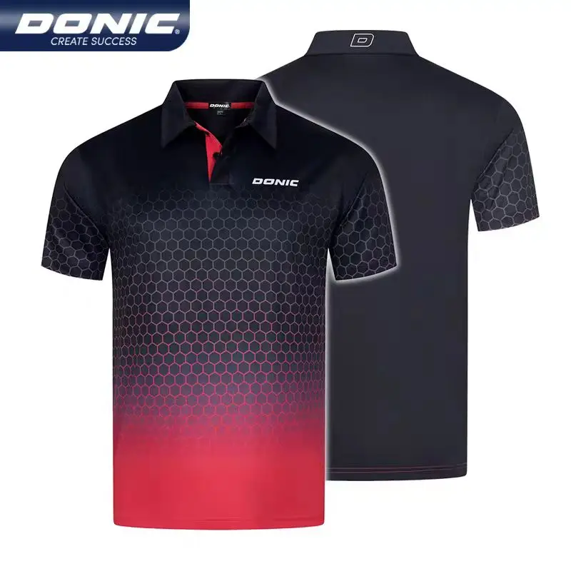 DONIC table tennis  shirts. Features gradient colors with a honeycomb pattern, short sleeves, Ideal for sports, offering comfort