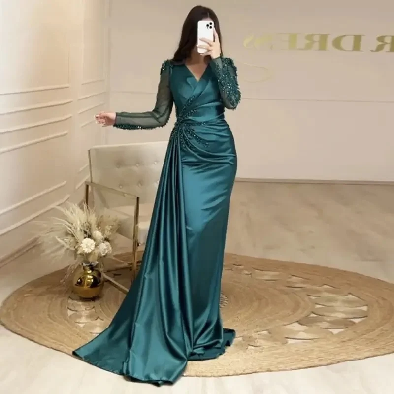 Annie Satin Beading Prom Dresses V Neck Long Sleeves فساتين السهرة Luxurious Dubai Arab Skirt Mopping The Floor Serenehill