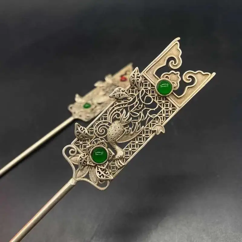 

8 Old Chinese Silver Inlay Gemstone Carved Peacock Silver Hairpin Hair Clasp