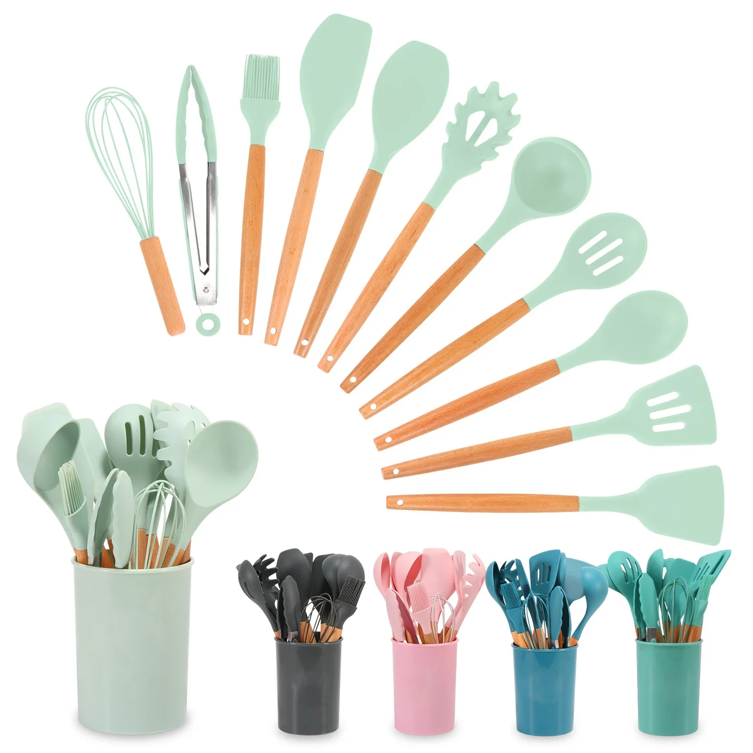 Silicone Kitchen Utensils Set Non-Stick Cookware for Kitchen Wooden Handle Spatula Egg Beaters Kitchenware Kitchen Accessories