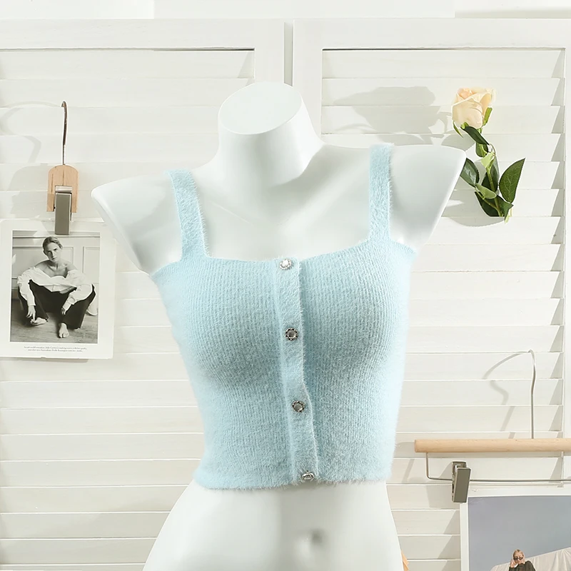 French Style Solid Hairy Camisole Women Summer Single Breasted Decoration Sleeveless Short Vest Sweet Simple Knitted Tops