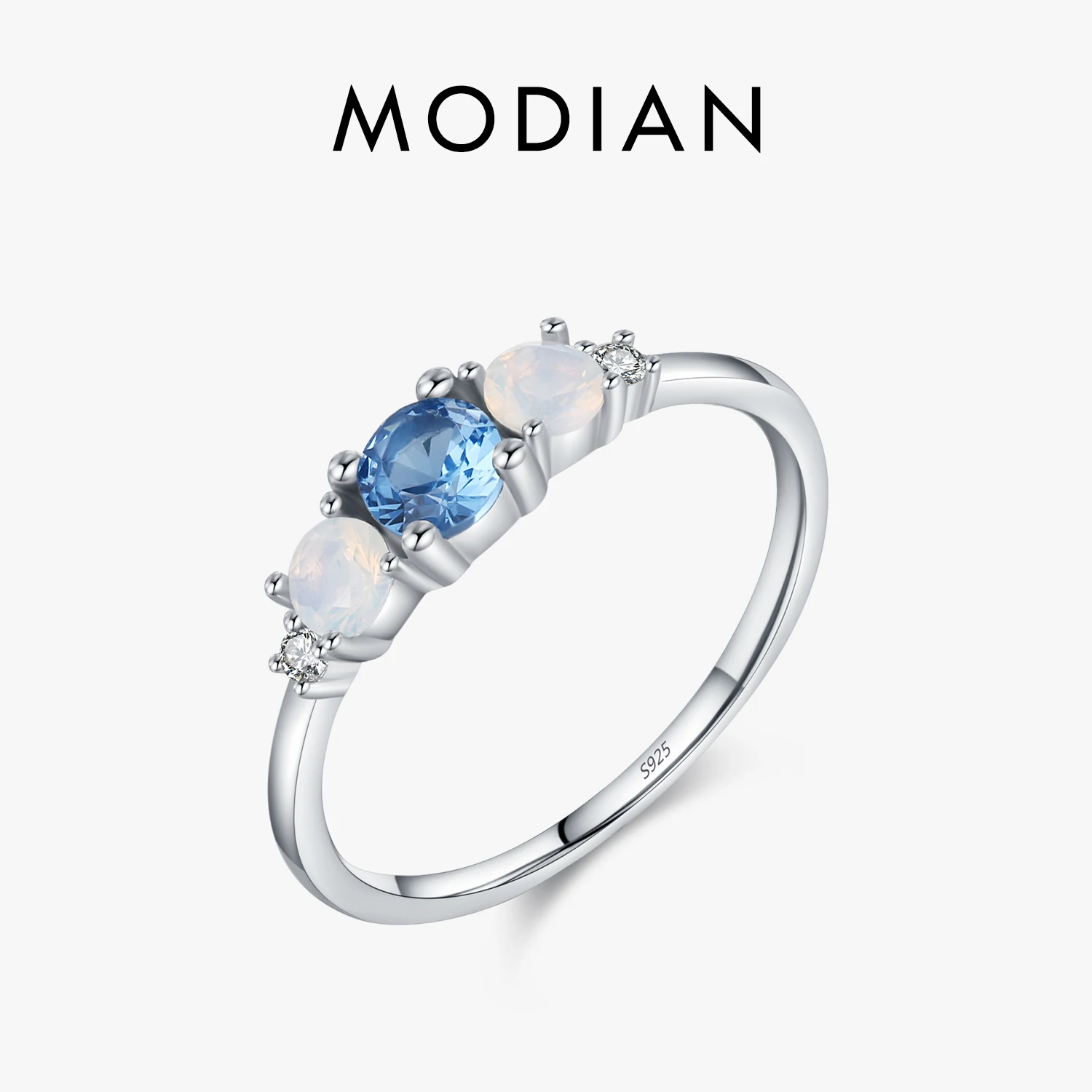 MODIAN 925 Sterling Silver Round Opal Ring White Gold Plated Dainty Cute Three Stone Ring For Women Birthday Christmas Jewelry