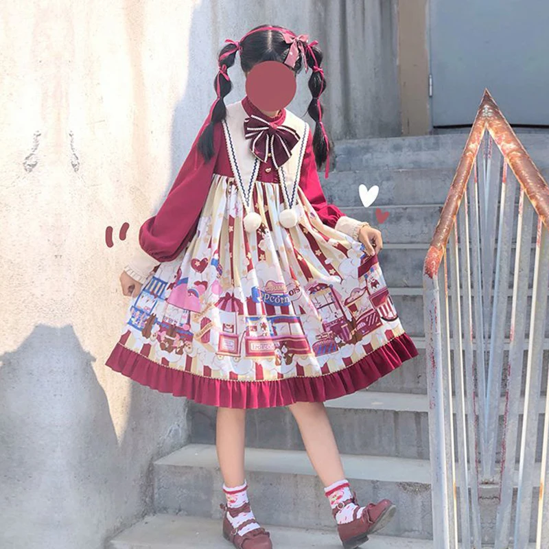 Vestido vermelho lolita com babados para meninas, princesa Op, manga comprida, estilo japonês, roupa kawaii, roupa vintage, ano novo, doce