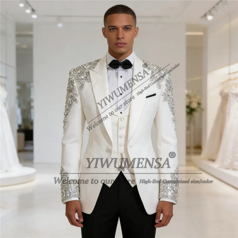 

Brilliant Beaded Stones Suit Men Peaked Lapel Groom Blazer Outfits Customized 3 Piece Man Banque Weding Tuxedos Terno Masculinos