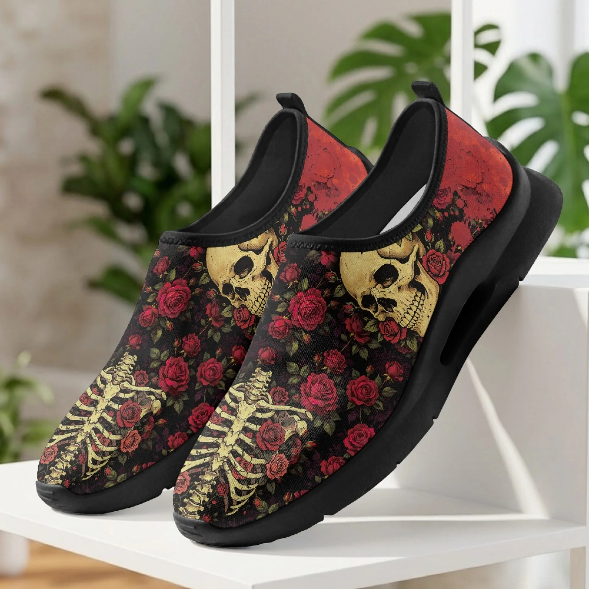 XIXIRIMIDO Skull Rose Mens Casual Shoes Slip On Walking Sneakers Womens Gym Workout Shoes Breathable Mesh Walking Sneakers 35-48