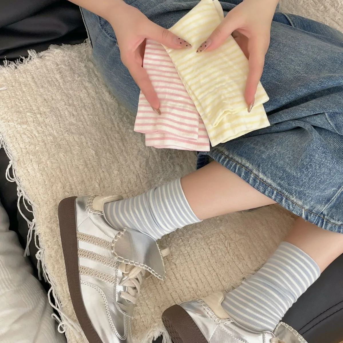 Korean Striped Cream Color Women Socks Summer Female Ins Trendy Japanese Simple Loose Long Socks Women Girls Middle Tube Socks