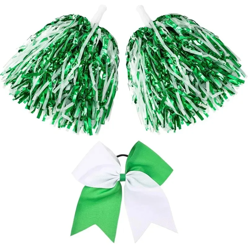 3 Pcs Cheerleading Pom Poms and Large Cheerleader Hair Bow Foil Pompoms Cheer for Team Cheering Squad Dance Rooters Accessories