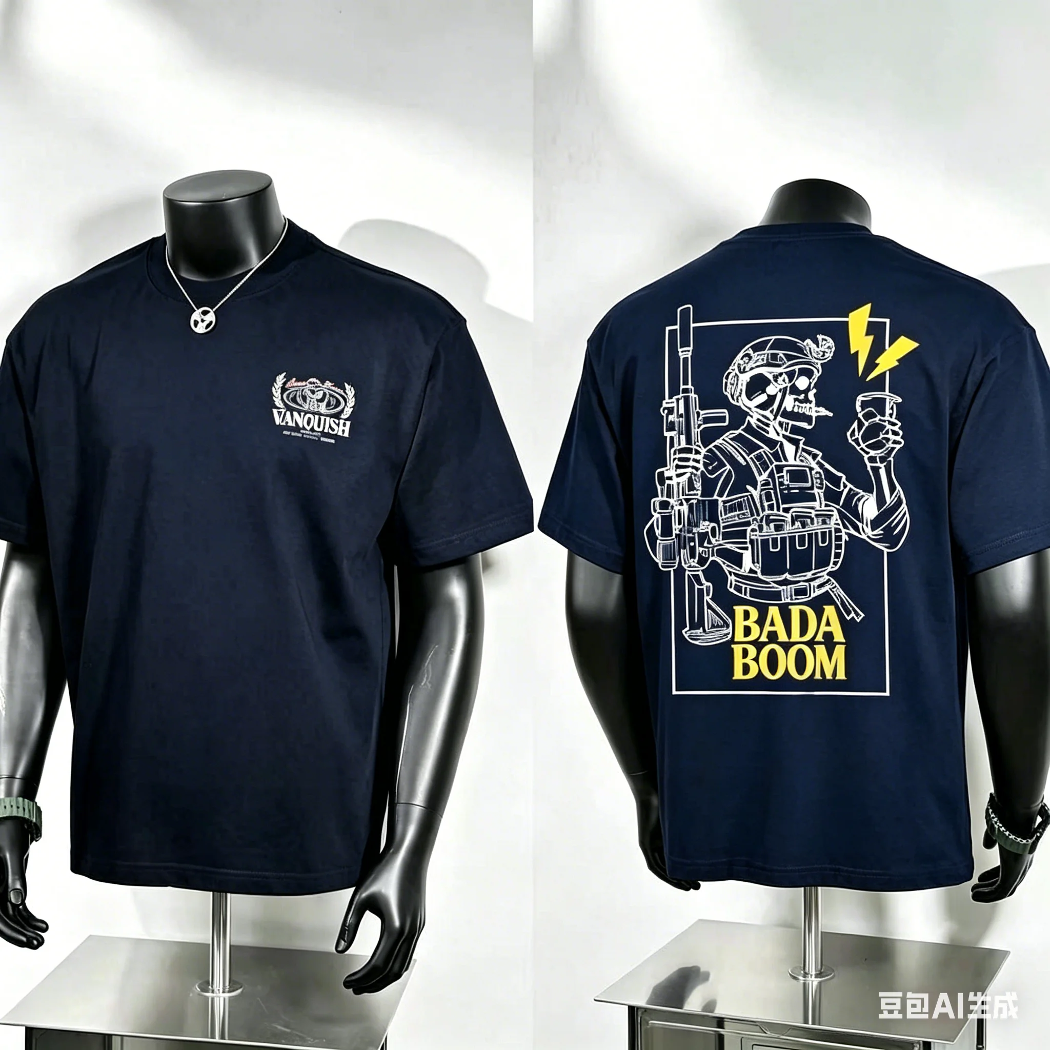 American Comic Style T Shirt, Bada Boom Letter with Lightning and Tactical Skeleton Soldier in Frame Back Print, Street Tee