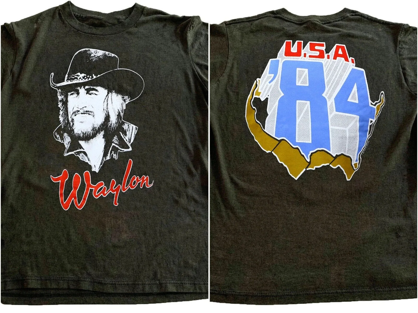 Waylon Jennings 84 United State 2 sided Black t shirt classic tee