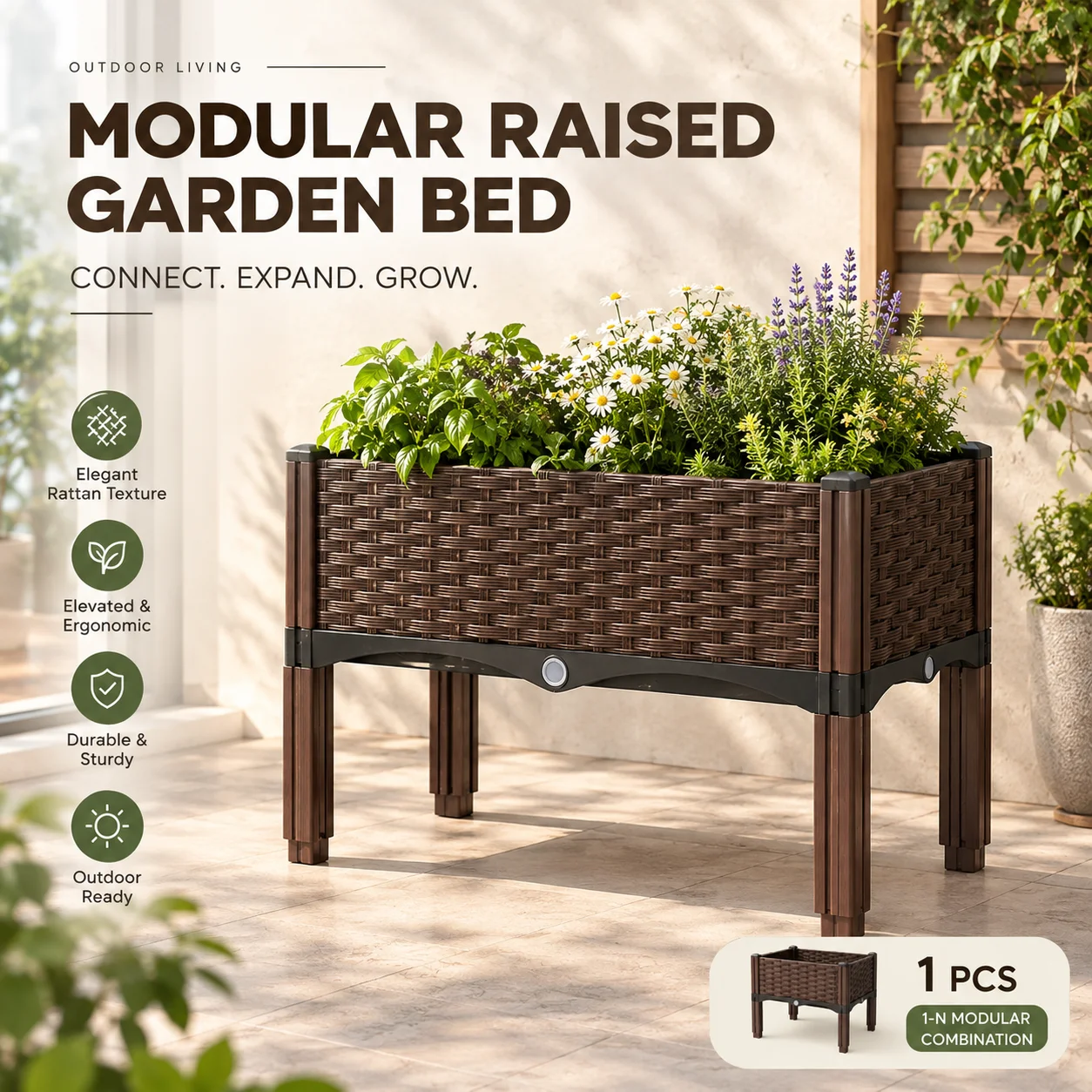 Sunroom Planter Box, Raised Garden Bed With Legs, Woven-Style Plastic Container, Connectable Modular Design, Drainage Holes, Elevated Planting Box For Flowers, Herbs And Vegetables, Floor-To-Ceiling Window Indoor Gardening,Bright Sunroom Spaces