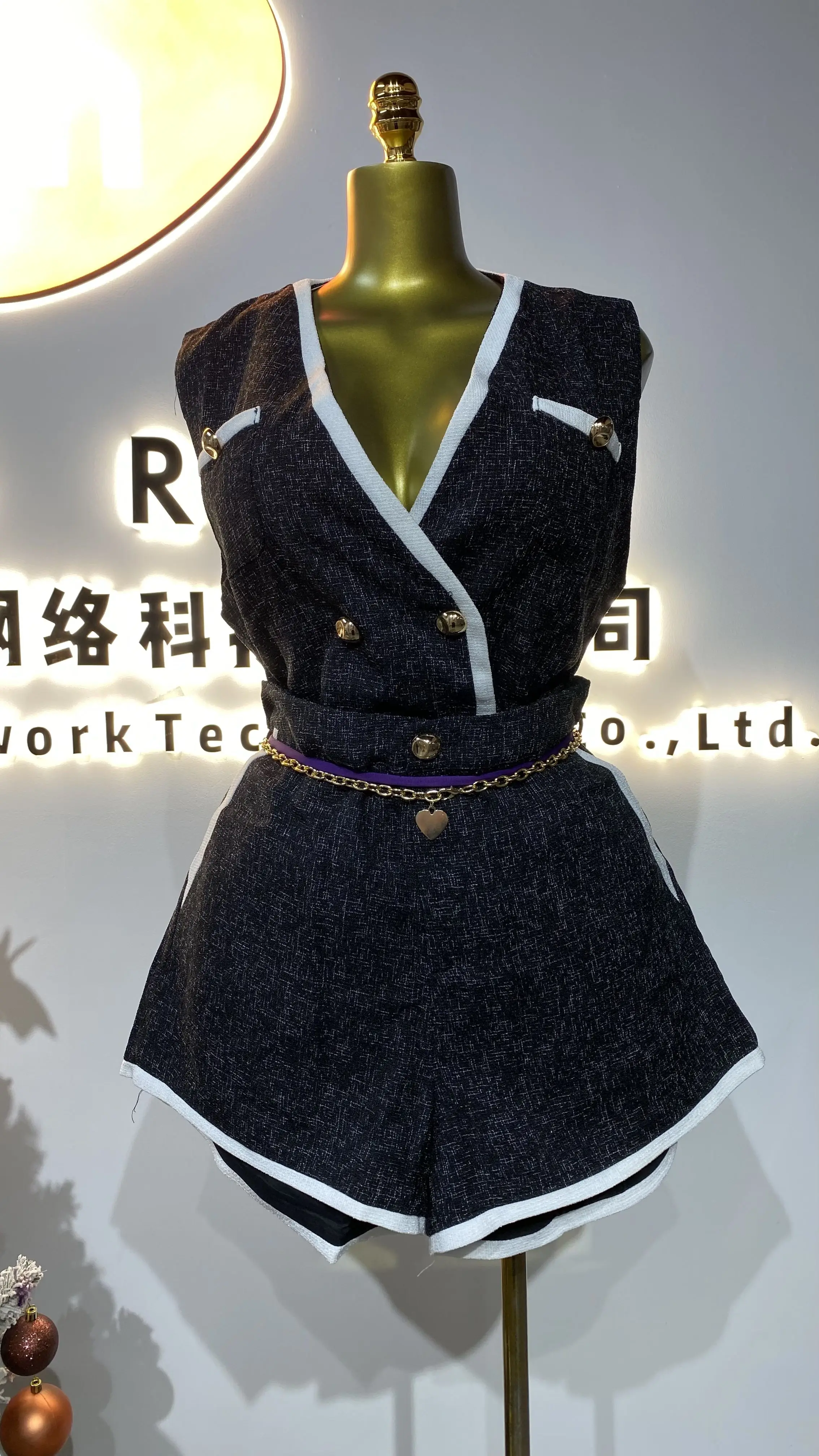 New arrival direct sale wholesale hot sale fashion latest design double breasted black wool tweed blazer women jacket-GZMM204