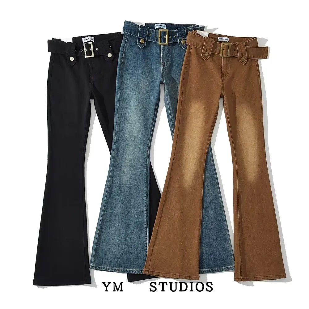 

Джинсы женские с высокой талией, с поясом, в стиле ретро, сексуальные, повседневные, расклешенные, длинные брюки, весна-осень, хлопок, стрейч