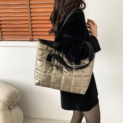 Fashion Quilted Shoulder Bags Down Cotton Padded Large Capacity Tote Bags Solid Color Shopping Bags Women Girls