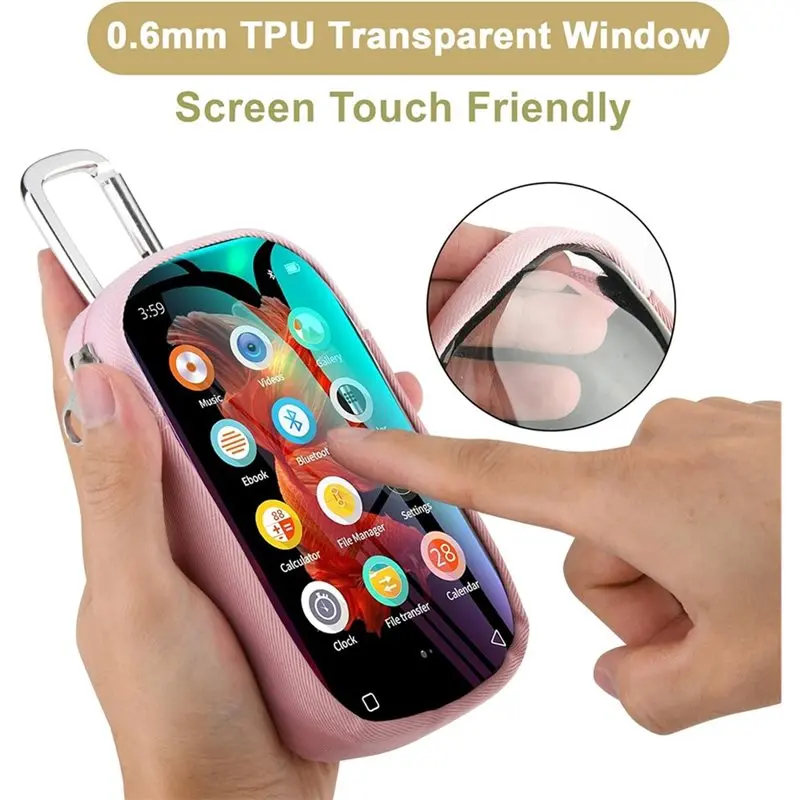 DT21 MP3 MP4 Player Carrying Case, Transparent Window Touch Screen, Travel Storage Bag for Earphones USB Cable, Pink