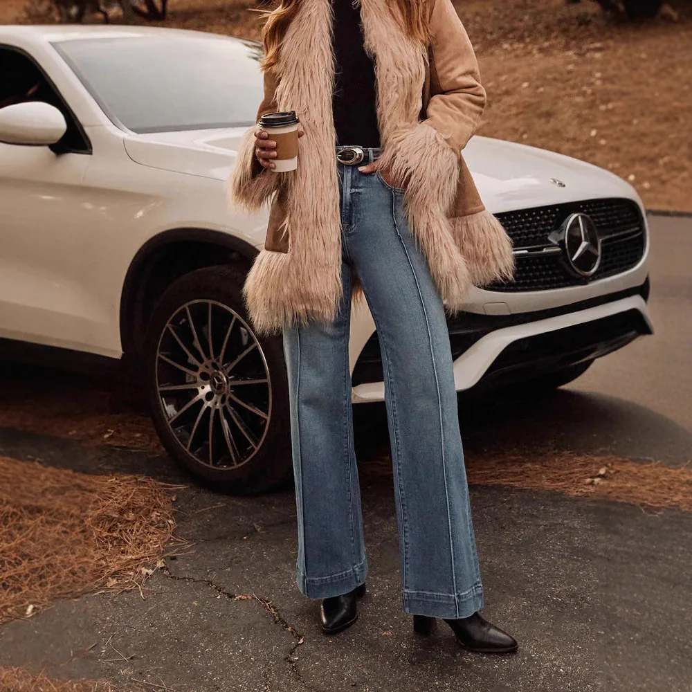 Damskie spodnie z szerokimi nogawkami, jeansy vintage, spodnie z średnim stanem, elastyczne, sprane, postarzane, z kieszeniami, codzienne, do biura, dżinsy, długość do podłogi.