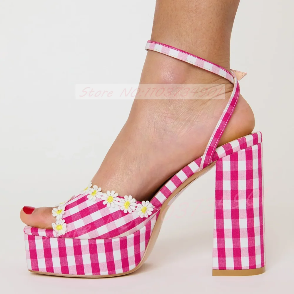 Pink & White Gingham Platform Heels Sandals Women Round Toe Daisy Flowers Ankle Strap Block Heels Sandals Unique Vintage Shoes