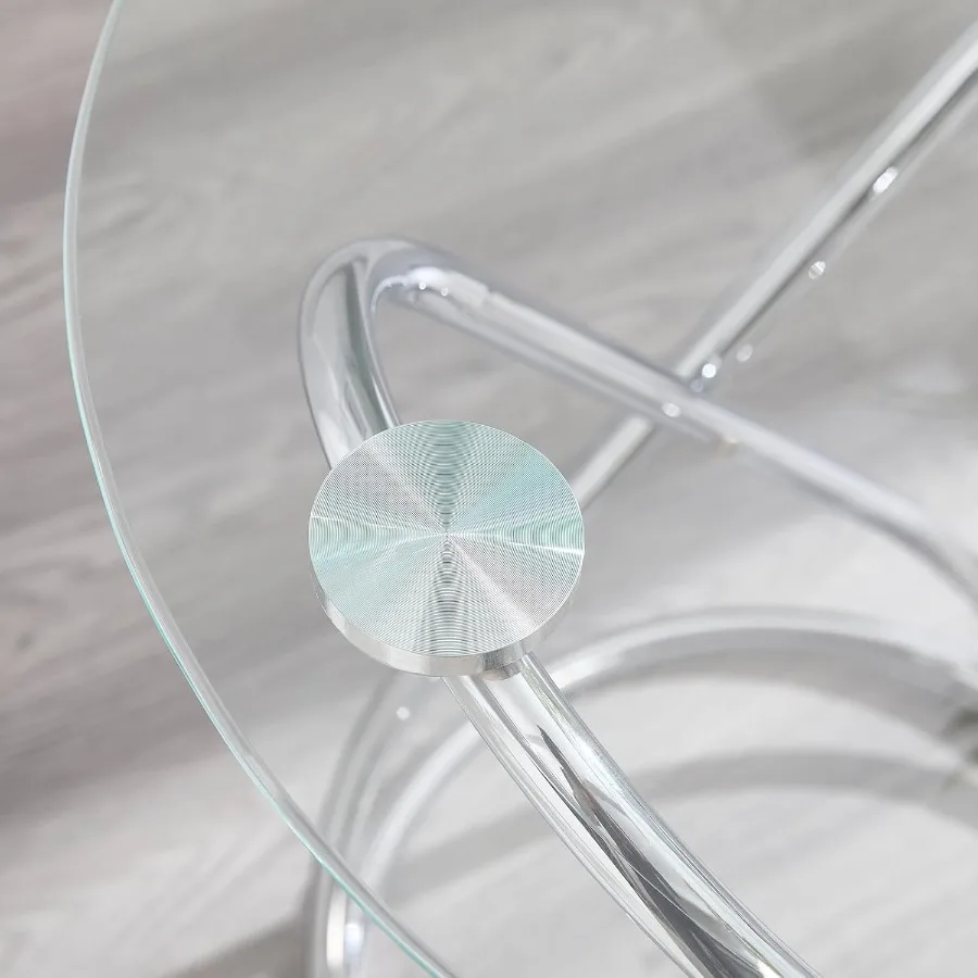 طاولة قهوة زجاجية مستديرة 31.5 مع إطار بيضاوي معدني لامع مطلي بالكروم طاولة قهوة فضية حديثة لغرفة المعيشة #3