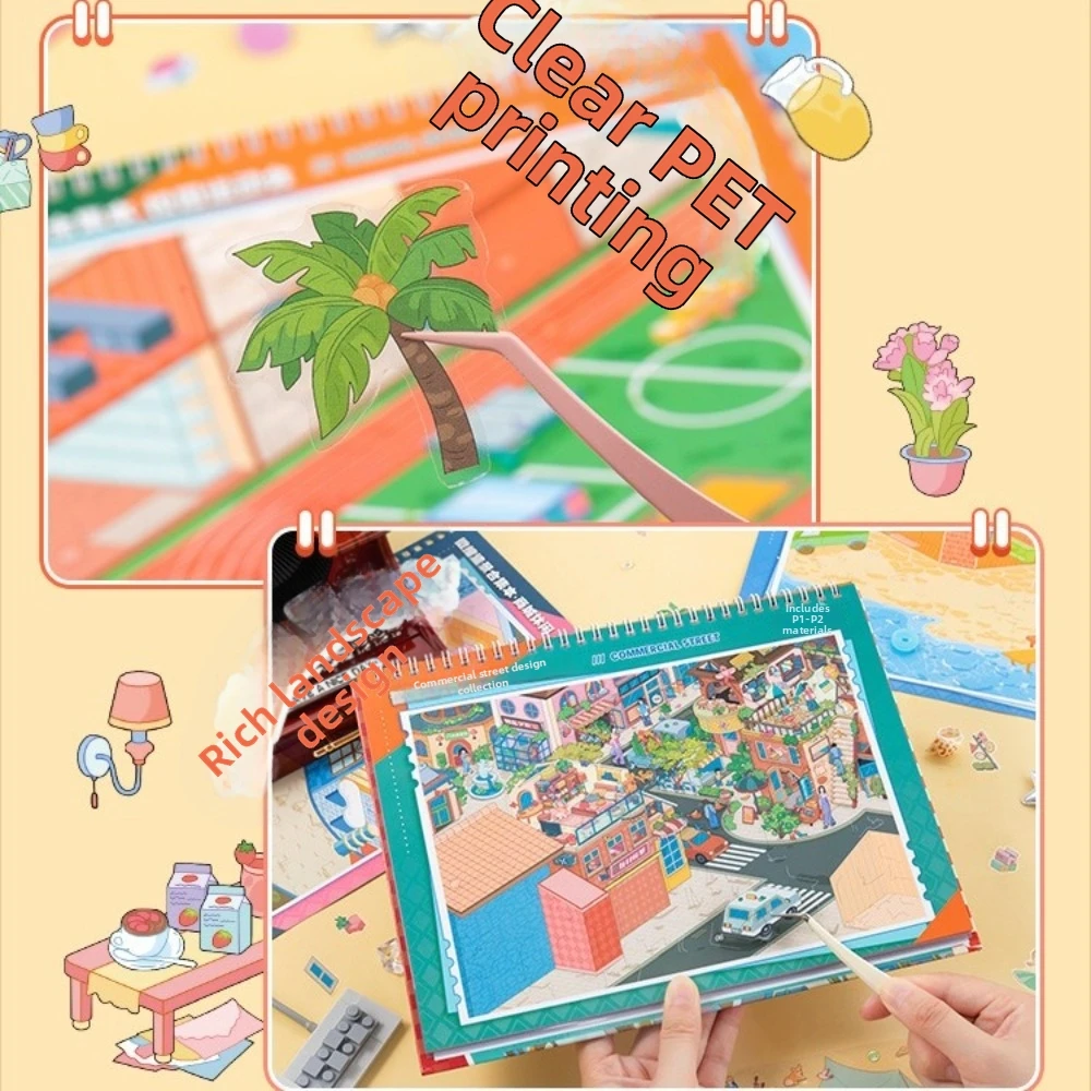 かわいいミニチュアシーンステッカー-8シーン-スポーツデー-マーケット-キャンプ風景ステッカーブック-petダイカット-3dキャビンステッカー