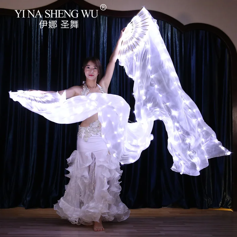 Akumulatorowe wachlarze LED z prawdziwego jedwabiu, jednoczęściowe, jedna para, praworęczne, leworęczne, 180 cm, akcesoria do tańca brzucha na scenę.