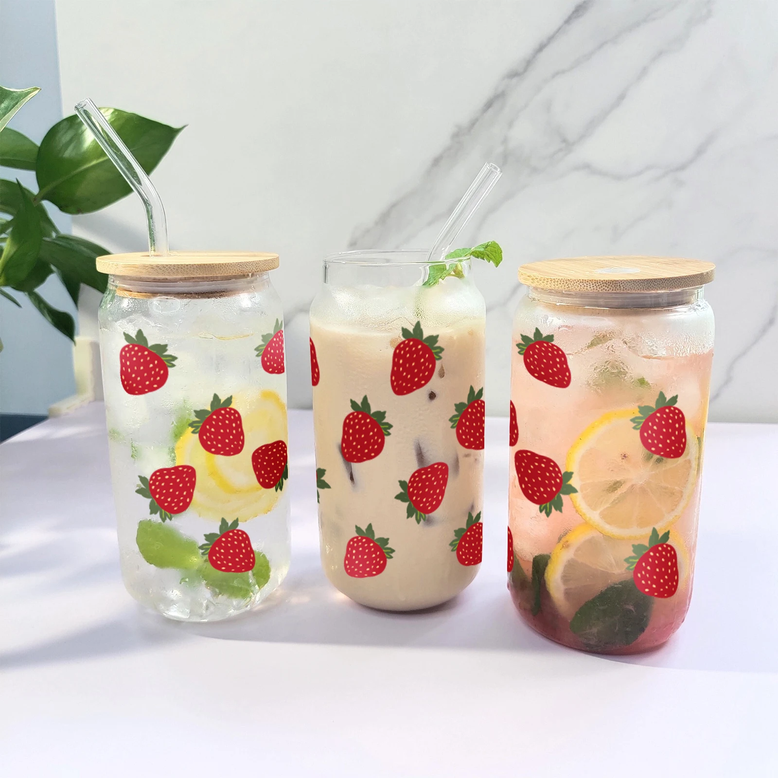 1pc Bee Sunflower Pattern 3d Printed 16oz Glass Cup With Lid&Straw Soda Can Coffee Cup Drink Barware Iced Coffee Lover Gift