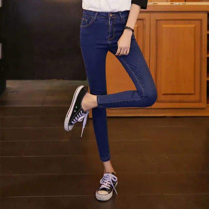 Deep Blue High Waist Nine-Tenths Women's Jeans Spring Autumn 2026 New Elastic Thin Style Student Slim Long Pants