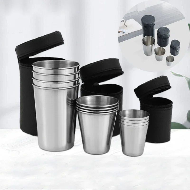 Conjunto de mini copos de tiro de aço inoxidável, 4 unidades, com estojo para uísque, vinho, acampamento, 30ml, 70ml, 170ml, portátil, viagem, aparelho de cozinha