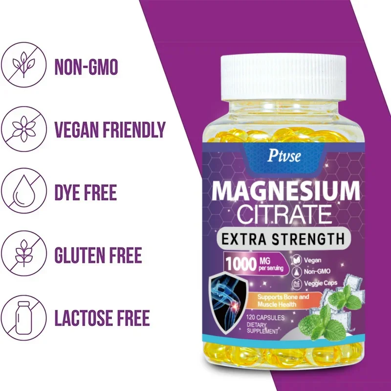 Magnesium Citrate Capsules 1000 Mg - Maximum Absorption for Muscle, Nerve, Bone and Heart Health Gluten Free, Non-GMO