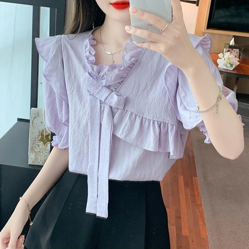 2023 New Summer Fashion Commuting Simple V-neck Spliced Ruffle Lace Up Unique Casual Loose Versatile Women's Solid Color Shirt