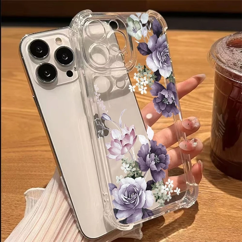 Elegant Purple Floral Pattern Transparent Case For Samsung Galaxy S26 Ultra S25 FE S24 Plus S23 S22 S21 A17 A24 A37 A57 Cover