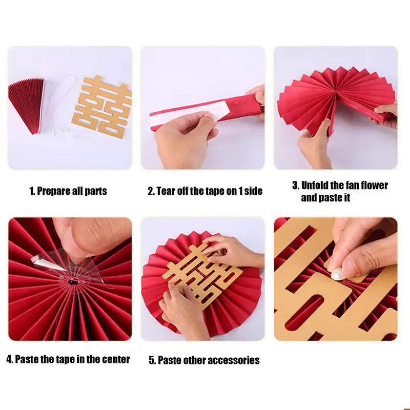 Abanico de papel rojo con flores, 6X, fiestas de Año Nuevo, conjunto de abanicos de papel, fiestas decorativas, abanicos de papel, guirnalda de decoración para eventos de carnaval