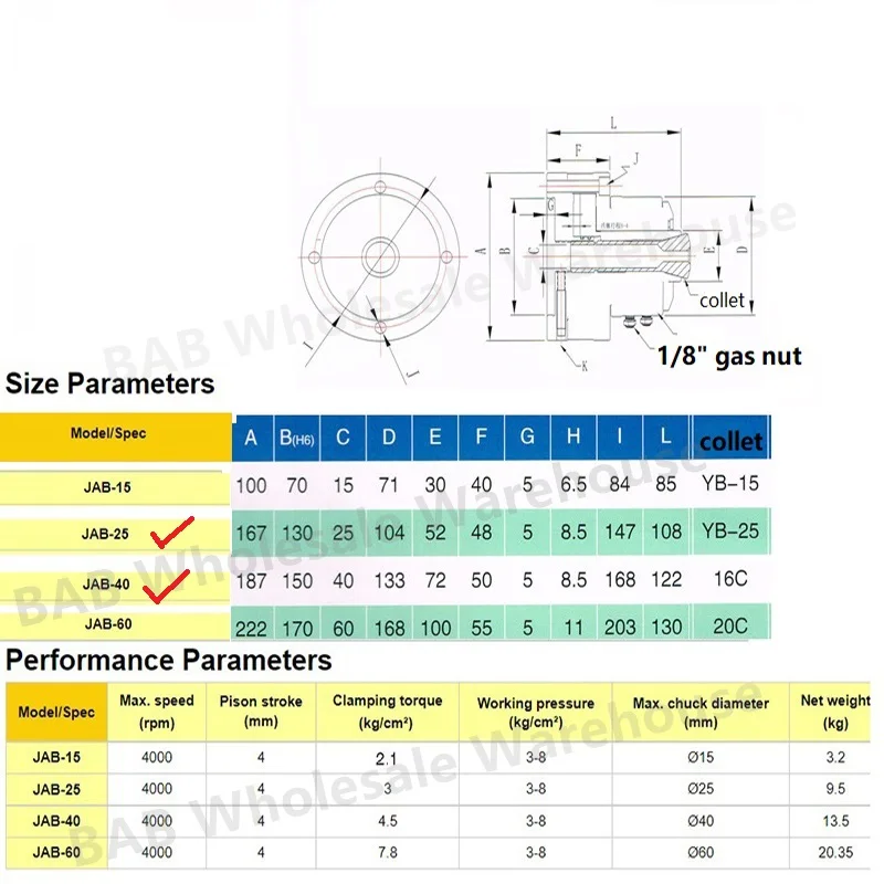 Rotary air pressure high-speed hollow chuck inside the outer clip collet clip pneumatic chuck collet JAB-25 and JAB-40 chuck