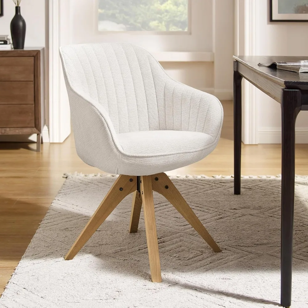 

mid century modern swivel accent chair - fabric upholstered armchair with natural oak wood legs, desk chair no wheels, off whit