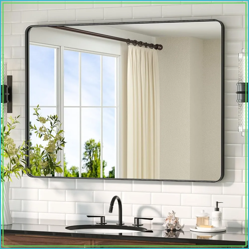 40x30 Matte Black Metal Framed Vanity Mirror, Tempered Glass, Wall Mounted