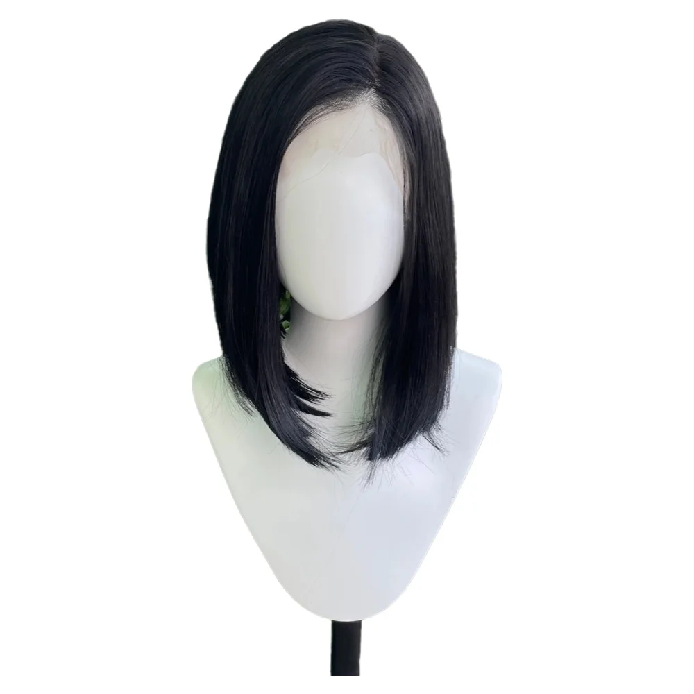 Tiefschwarze 13x6 synthetische Lace-Front-Perücken für schwarze Frauen, schulterlanger Bob, leimlose synthetische Perücken, 150 % Dichte, natürliches Haar