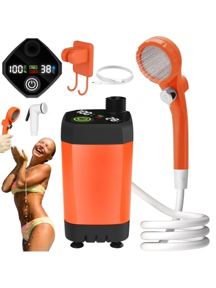 Leichte Outdoor-Camping-Duschpumpe, Reinigungs-Duschset, IPX7 wasserdichte Outdoor-Duschpumpe, 2M Schlauchset, LED-Anzeigebildschirm für Wandern, Autowäsche, Haustierpflege