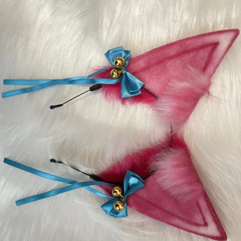 New Handmade Fox Ahri Cosplay Headband Anime Lolita Cute Fox Ears Headdress Pink Cat Bowknot Bell Hairband Accessory