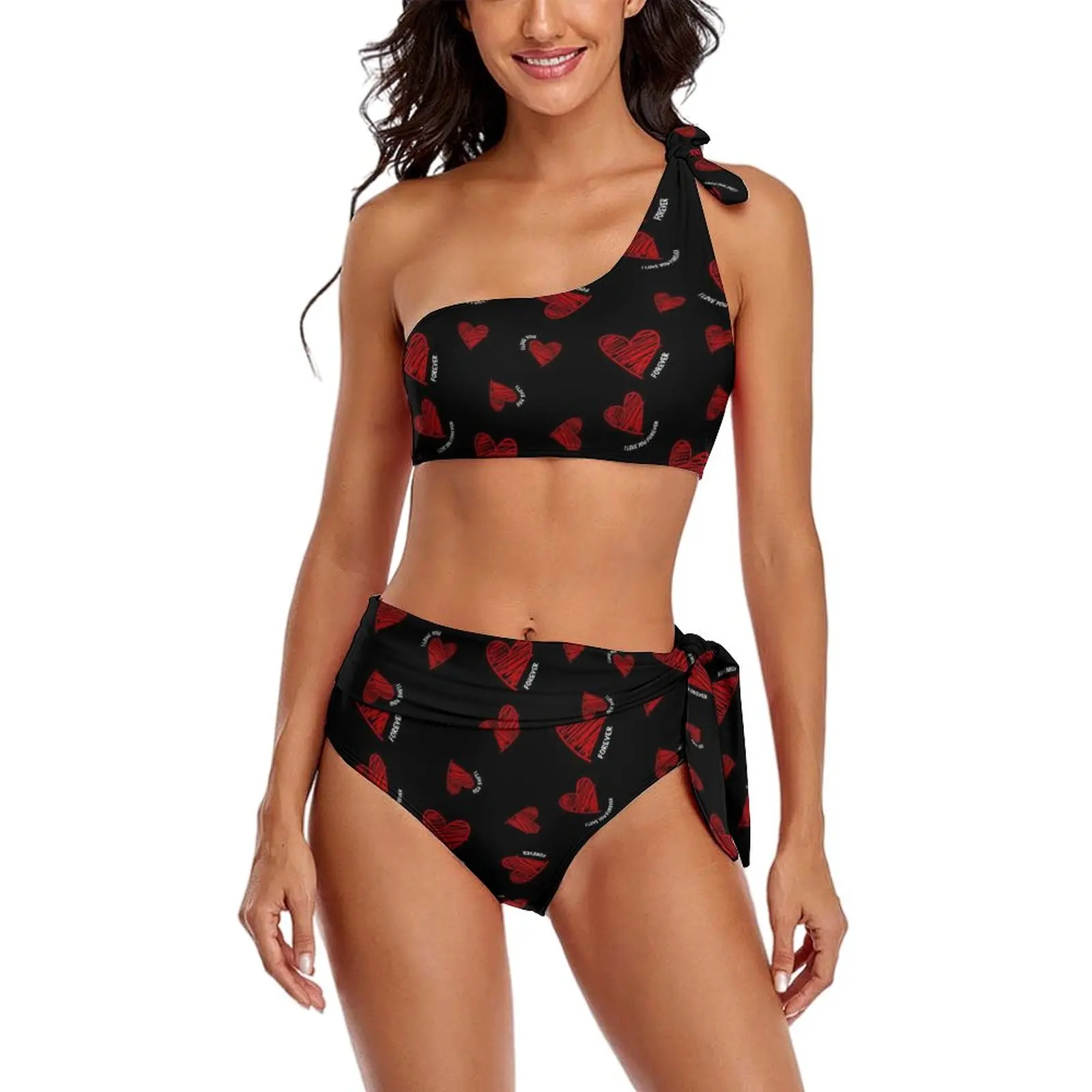 Red Heart Print Bikini Swimsuit Sexy I Love You Forever High Waist Bikini Set  Swimwear Bathing Suit Sport Biquinis Plus Size