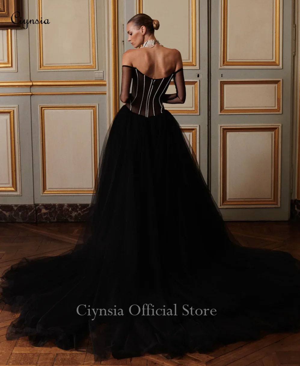 Sukienki wieczorowe Ciynsia z odkrytymi ramionami, czarne, z długim rękawem, zdobione perłami, linia A, tiulowe suknie balowe, seksowne sukienki formalne z odkrytymi plecami, kolekcja 2026
