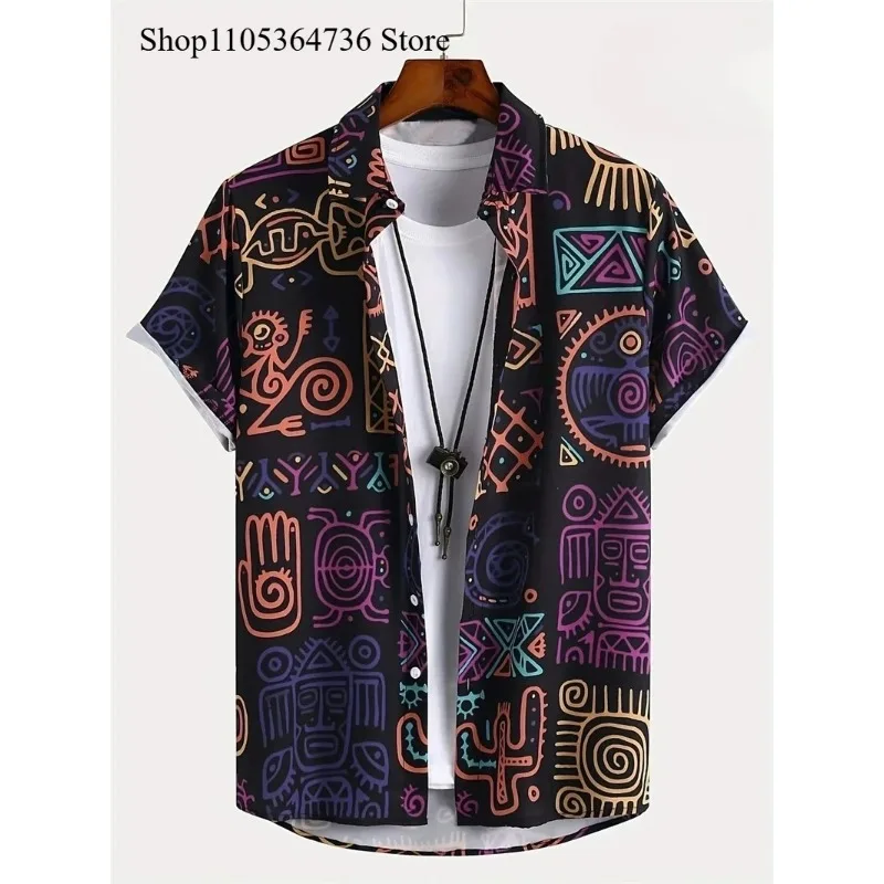 

Men's 3D Ethnic Tribal Print Short Sleeve Shirt Vintage Hawaiian Casual Button Down Shirt