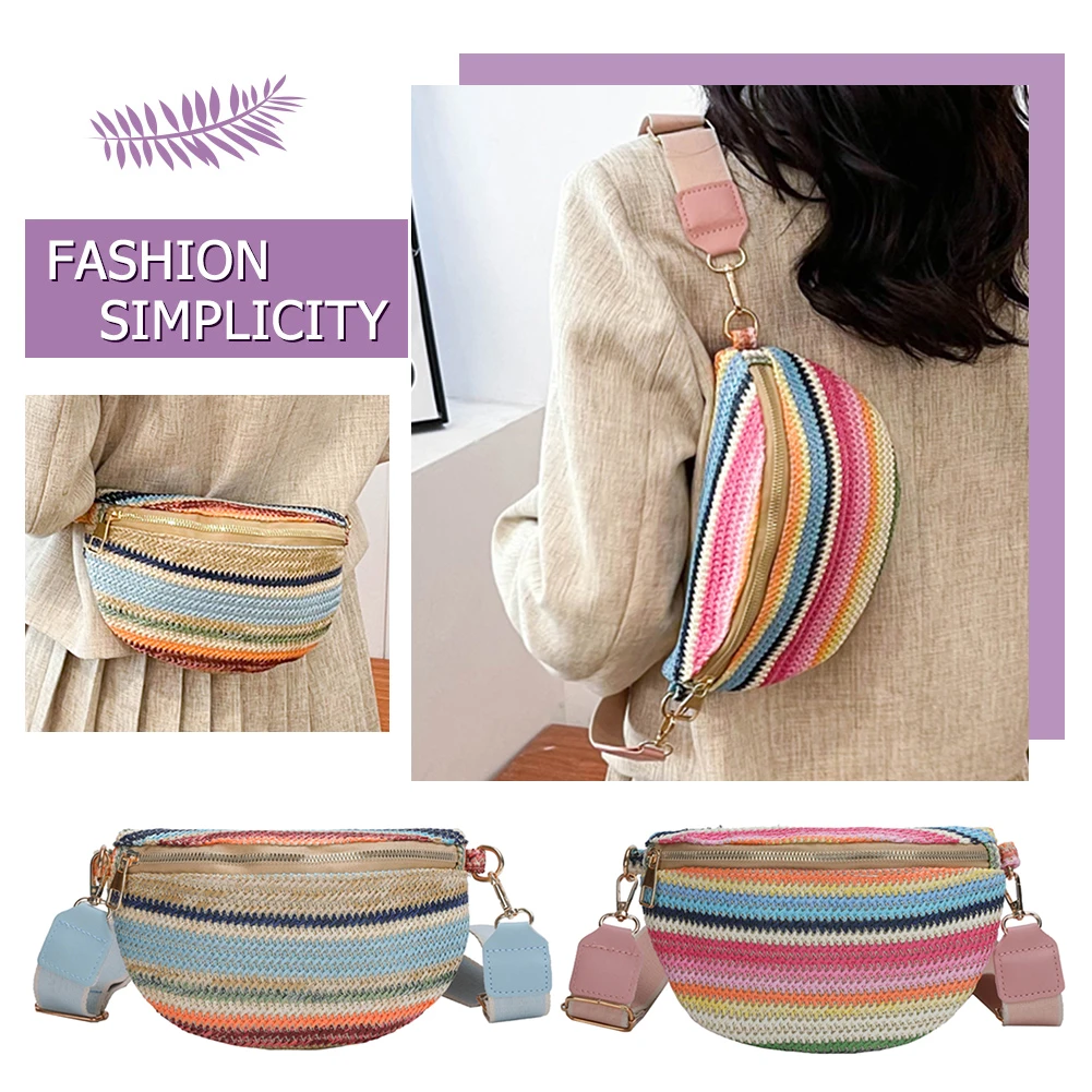 

Rainbow Striped Fanny Pack Bum Bag Casual Straw Woven Waist Bag Adjustable Strap Simple Portable Colorful for Weekend Vacation