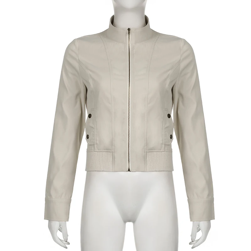SUCHCUTE Vintage Damen Cropped Bomberjacke mit durchgehendem Reißverschluss, Stehkragen, langen Ärmeln, Fronttaschen, Slim Fit, Y2K Streetwear Mantel, schick – Detail 4