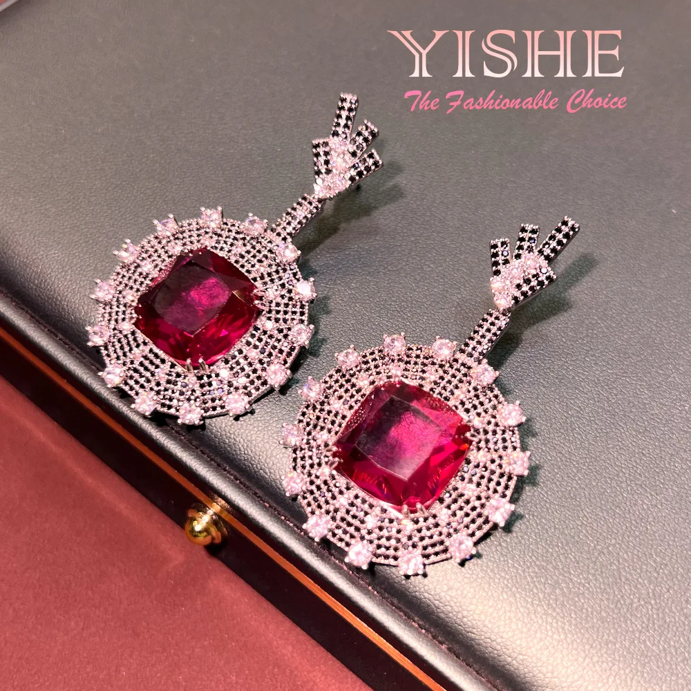 European and American exaggerated magazine ruby earrings 5A white K rhodium plated high-end sexy exquisite light luxury Indo-Pak