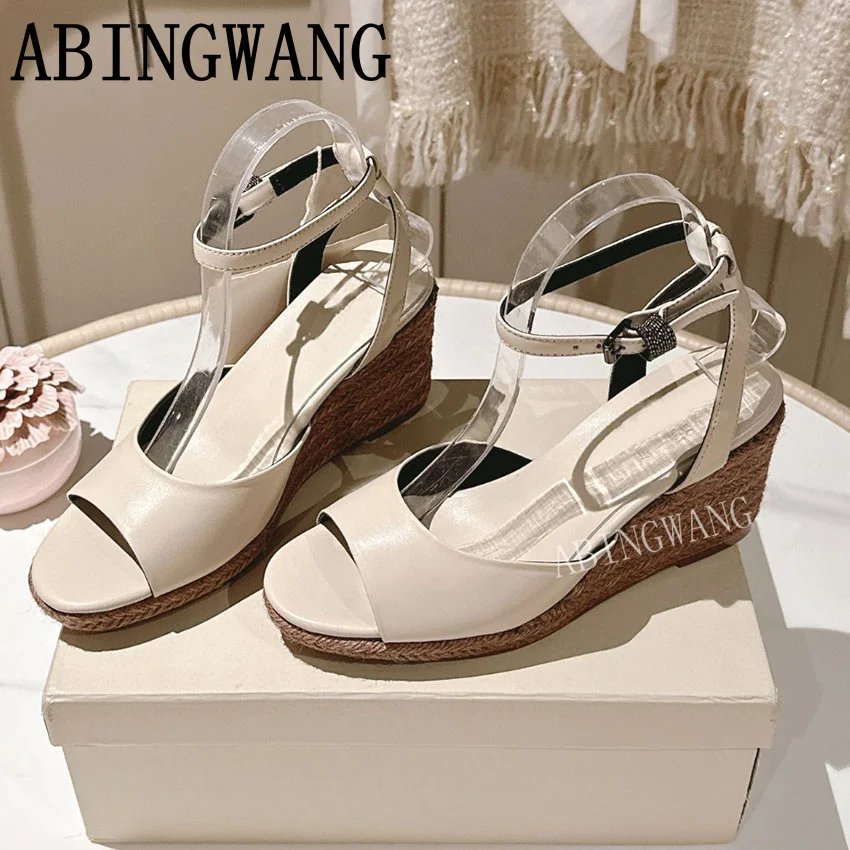 

Classics Fashion Suede Leather Wedges Heels Women Sandals Buckle Strap Peep Toe Grass Woven Sole Sexy Party Dress Shoes Women