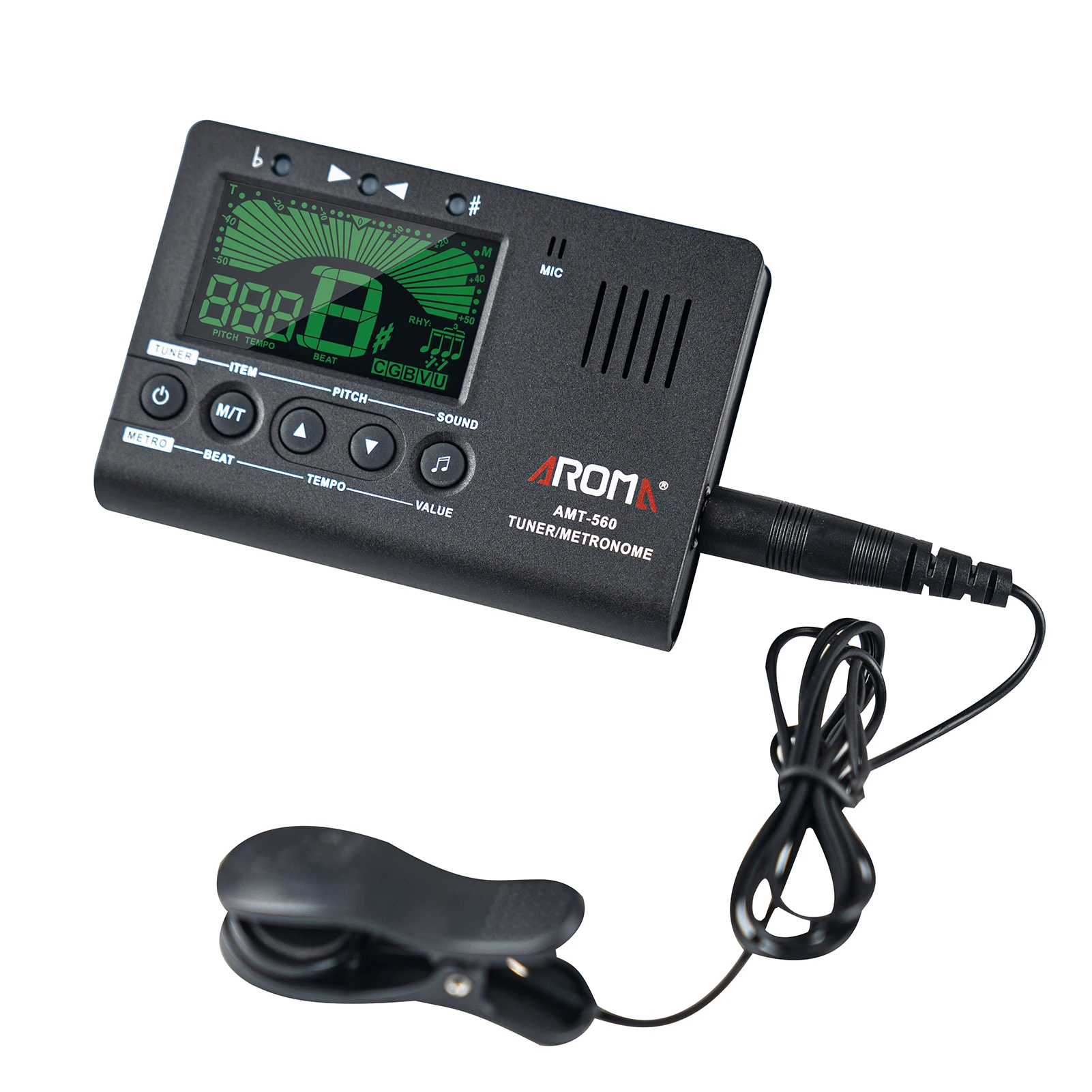 Aroma AMT-560 Electric Tuner & Metronome Built-in Mic with Pickup Cable 6.3mm for Guitar Chromatic Bass Violin Ukulele Universal