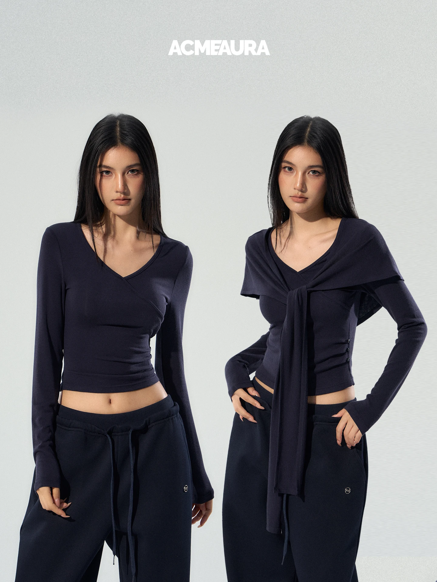 

Синий комплект из двух предметов с открытыми плечами: женский осенний топ, футболка, базовый слой, повседневный асимметричный лонгслив из смесового хлопка